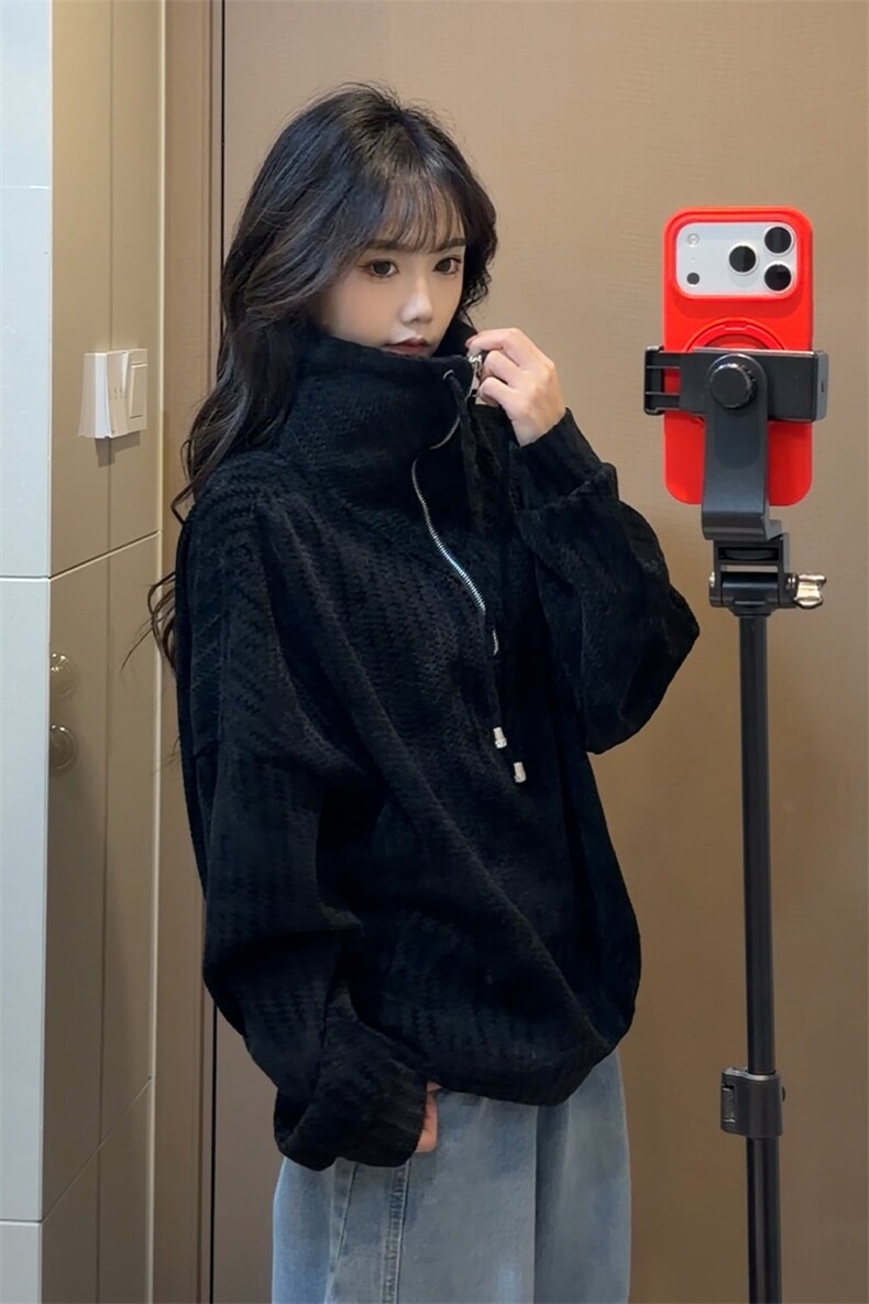 雪尼尔立领卫衣美式复古潮流打底设计重磅翻领外套卫衣常规P49,男装T恤,电商B319
