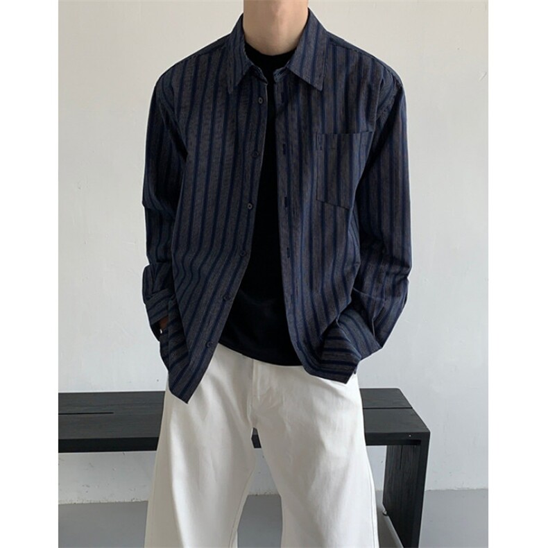 设计感廓形翻领竖条纹衬衫男慵懒休闲覆古长袖衬衫小众CC30，男装衬衫，星座1116A（原606A-3）