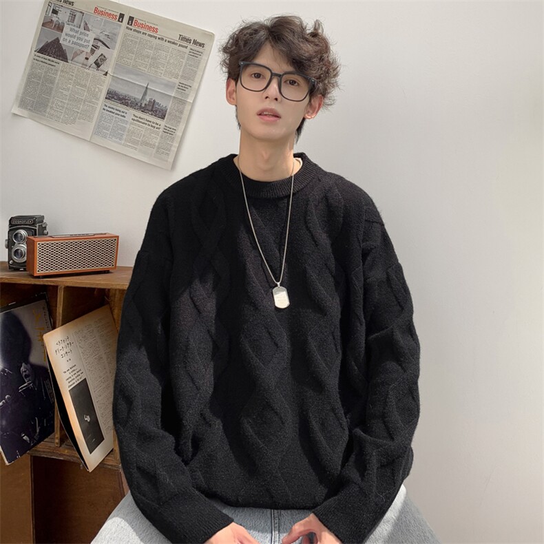 秋冬新款港风复古麻花提花套头圆领保暖毛衣 XZ608-M801-P65控88图片
