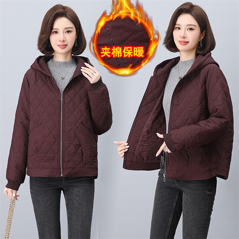 2024新款冬装新品时尚气质保暖加棉外套潮流棱格连帽棉衣棉服图片