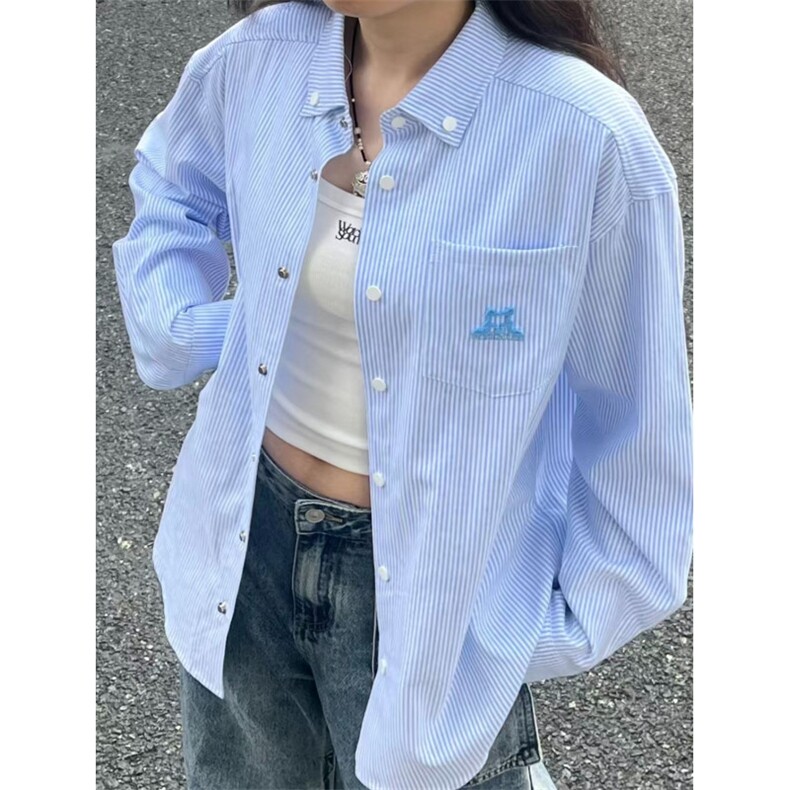 DD306P40美式条纹衬衫小狗刺绣长袖衬衣多巴胺外套宽松开衫上衣图片