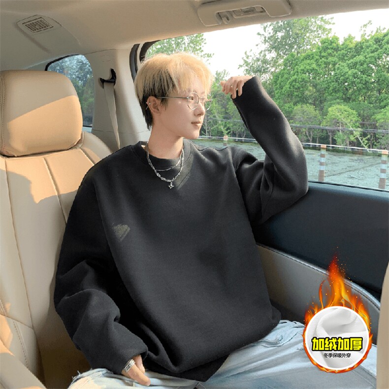 抖音得物高品质400克重磅加绒加厚德绒保暖长袖T恤纯色打底针织衫，男装T恤，电商A486-1