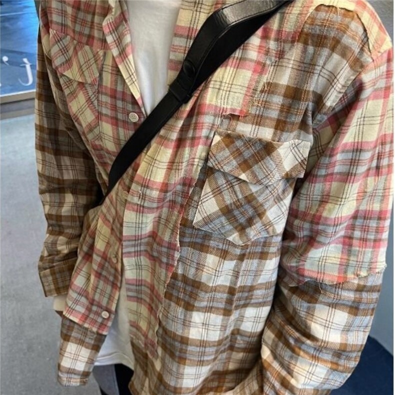 美式休闲毛边拼接衬衫男士新款长袖格子衬衣外套宽松帅CY1251-P41,男装衬衫,星座412-3
