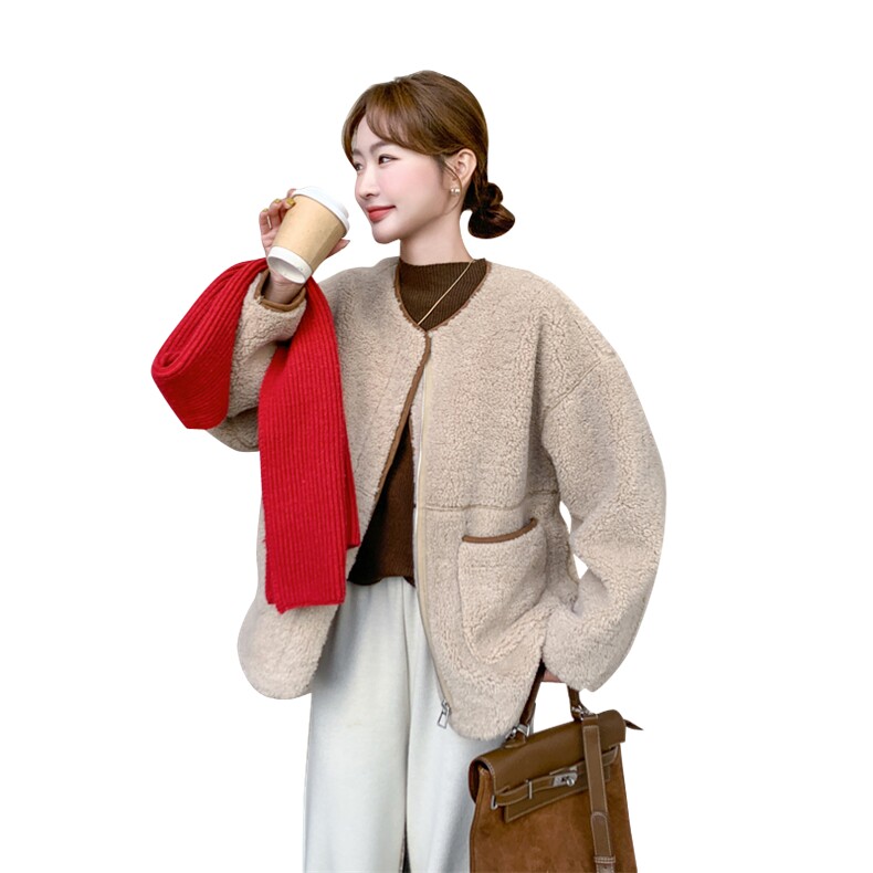 羊羔毛冬季外套女短款加厚宽松独特超好看欧货时尚2024新款小个子,女装皮草,2C092