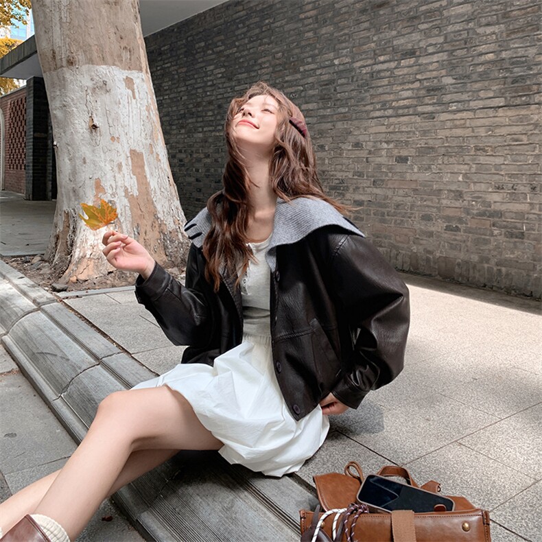 减龄针织大翻领休闲皮衣外套女秋季2025新款小个子机车服PU皮夹克,女装皮衣,2C092