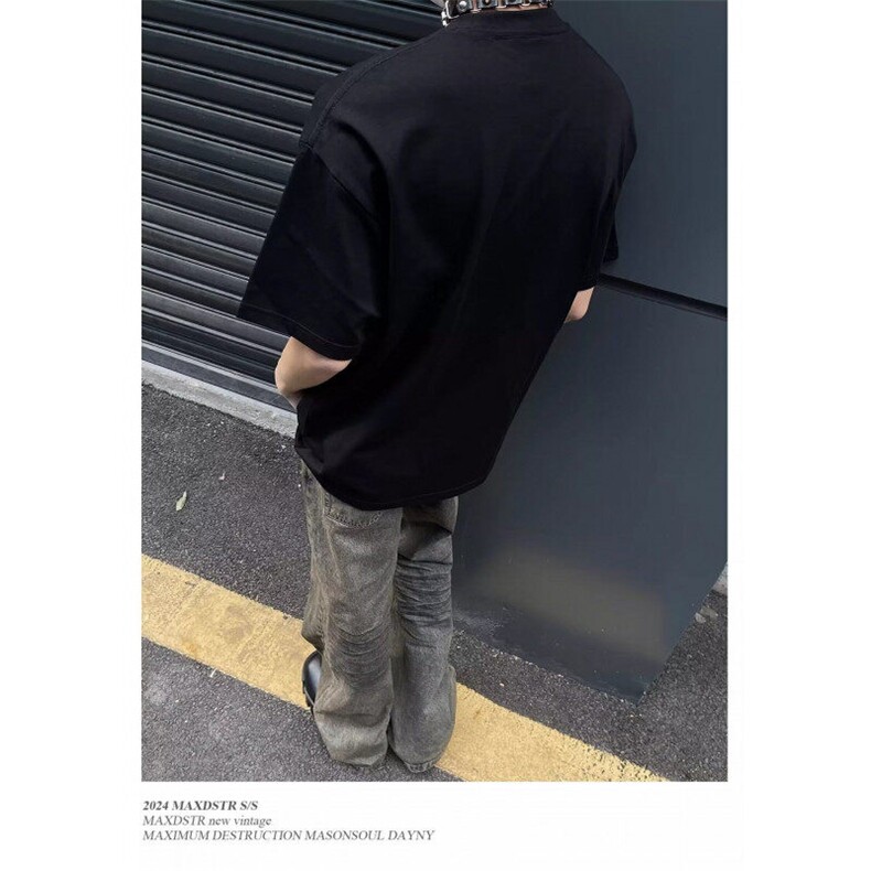 纯棉220g美式复古短袖男士夏季2025新款做旧上衣印花圆领五分袖潮,男装T恤,星座506A