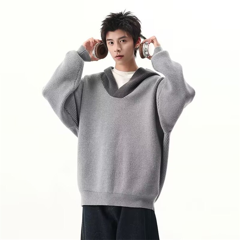 小众设计感撞色连帽V领毛衣男潮流内搭针织打底衫914-4-M5739P54,男装T恤,星座914-4