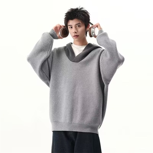 小众设计感撞色连帽V领毛衣男潮流内搭针织打底衫914-4-M5739 P54图片