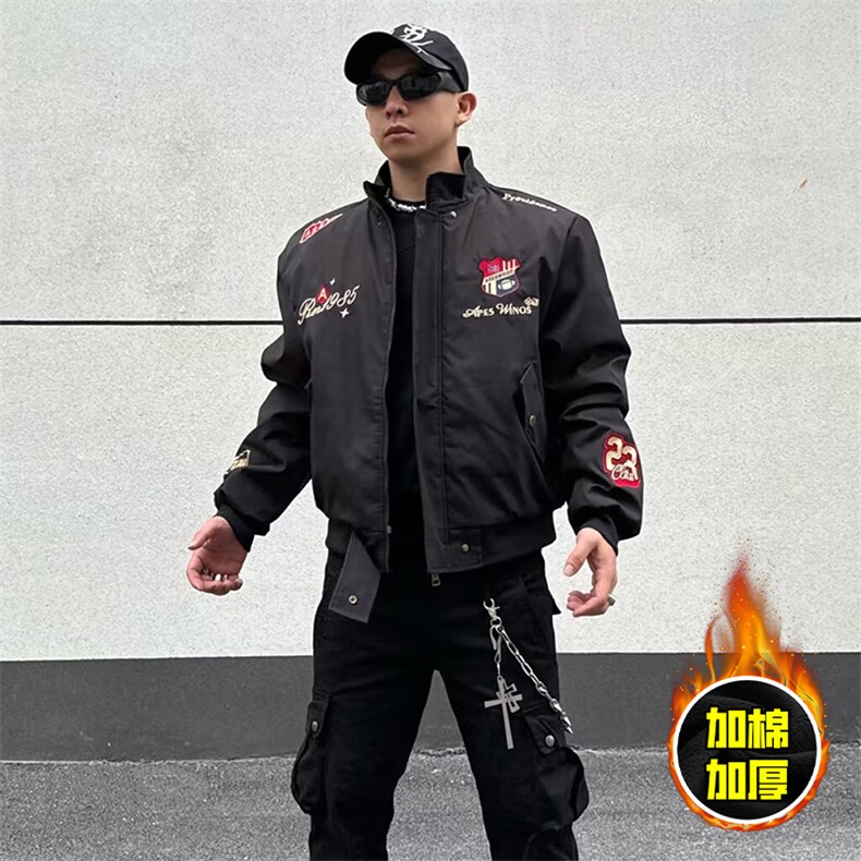 现货高品质美式高街重磅刺绣座山雕大毛毛领棉衣男女加厚棉服外套，男装棉衣，电商A443