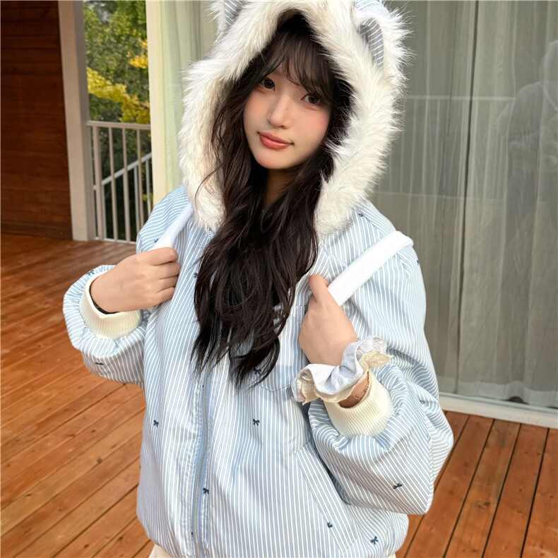 1506A/G36230/P99韩系可爱甜美蓝色毛领连帽棉服女冬季,男装棉衣,星座1506A