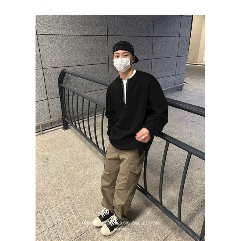 日系长袖卫衣男女宽松复古华夫格情侣T恤半拉链上衣513ACT2355P43,男装T恤,星座513A