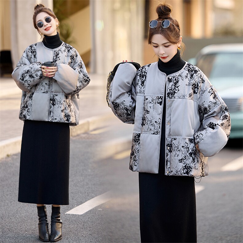 新中式g风提花拼接保暖羽绒服女2025冬季新款水墨画宽松加厚外套,女装羽绒服,曼娅璐