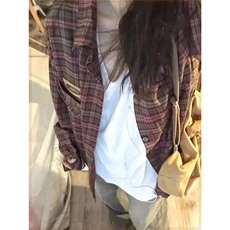 早秋新款贴标紫色格子衬衫外套女宽松休闲显瘦中长款衬衣外穿开衫，男装衬衫，星座506A