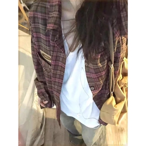 早秋新款贴标紫色格子衬衫外套女宽松休闲显瘦中长款衬衣外穿开衫图片