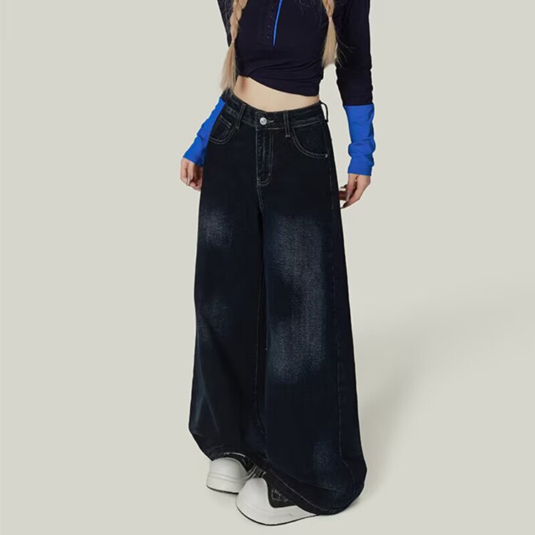 高街复古深蓝色阔腿牛仔裤女秋季梨形身材遮胯显瘦慵懒宽松直筒裤,男装牛仔裤,星座218-8