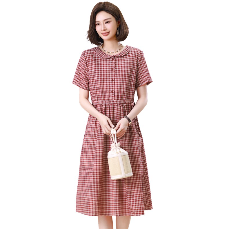 2026新款韩版格子宽松大码遮肉格子中长款棉麻连衣裙夏季薄款,女装连衣裙,江忆布依