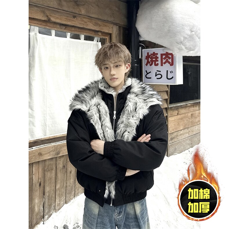 现货高品质美式高街重磅狼王座山雕毛毛领假两件棉衣加厚棉服外套图片