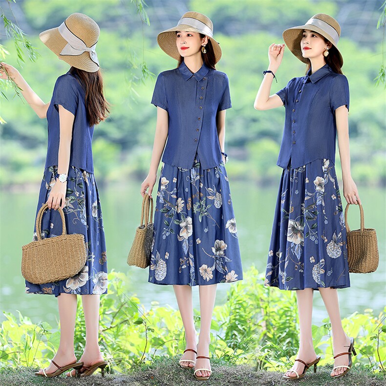 2024夏天丝牛仔套装两件套连衣裙，女装套装/套裙，伊航服饰