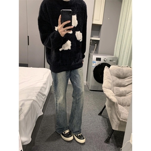 仿貂毛四只猫提花米白色毛衣外套男女秋冬慵懒风针织衫 MGT5图片