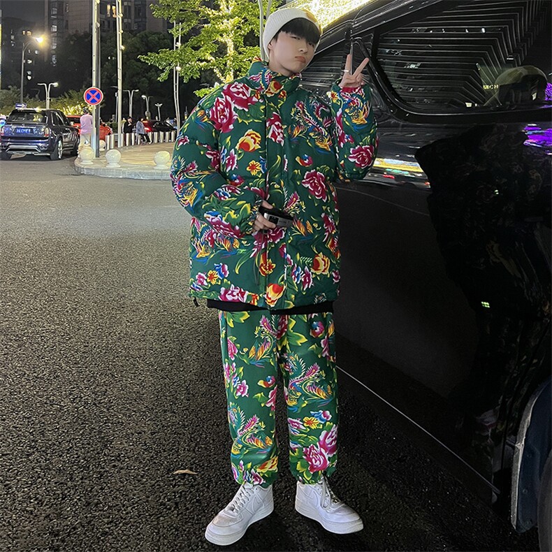 东北大花棉衣套装风汉服套装加厚保暖防寒棉服加绒裤机车H203,男装休闲套装,星座115A(原星座507）