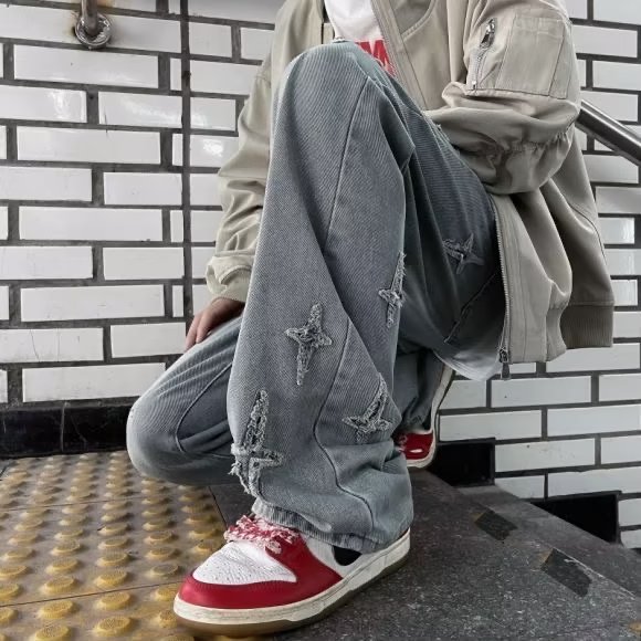 美式牛仔裤男潮牌春秋设计感星星阔腿裤子微喇裤潮CSL02P50,男装牛仔裤,星座1116-2
