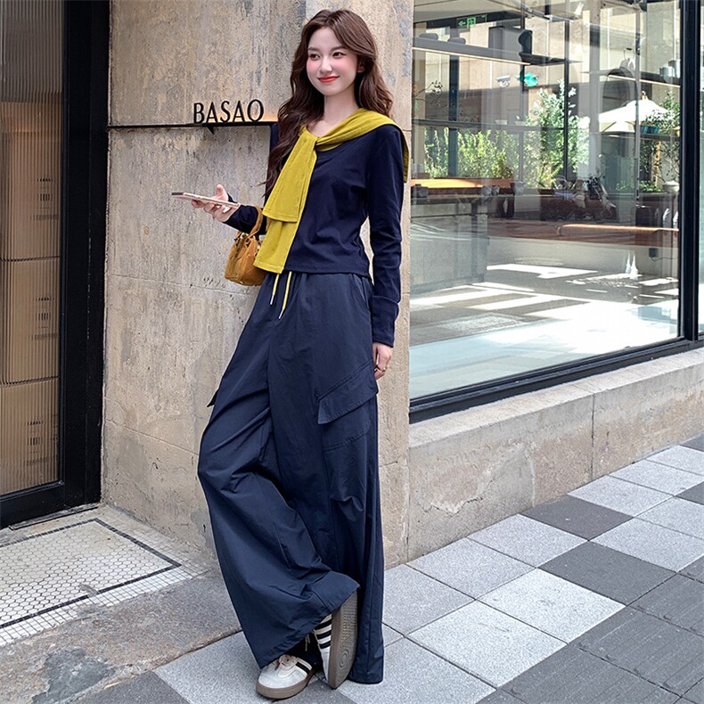 慵懒风撞色披肩长袖上衣工装阔腿裤两件套女2025秋季新款休闲套装,女装套装/套裙,纯色衣恋