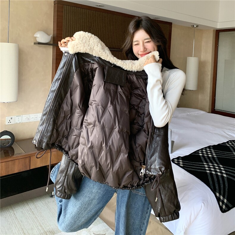 美拉德咖色羽绒内胆皮衣外套女冬季2025新款复古羊羔毛翻领羽绒服,女装羽绒服,2C210