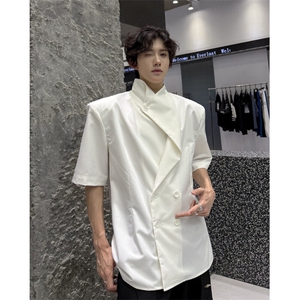现货！25设计感垂领双排扣西服款短袖垫肩衬衫cs163-p78图片