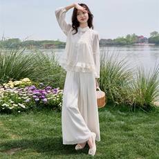 新中式套装女2025夏新款巨好看的小香风气质防晒阔腿裤两件套，女装套装/套裙，水衣源