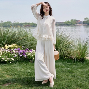 新中式套装女2026夏新款巨好看的小香风气质防晒阔腿裤两件套图片