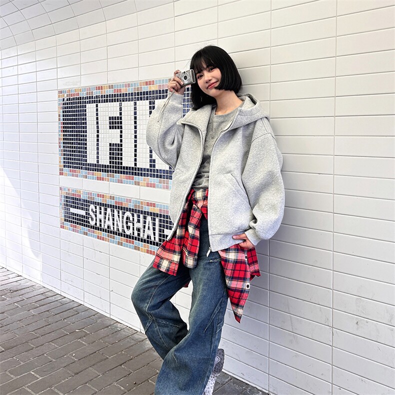 抖音得物高品质25秋冬美式高街宽松结构防风高领连帽卫衣外套W60，男装卫衣，电商A486