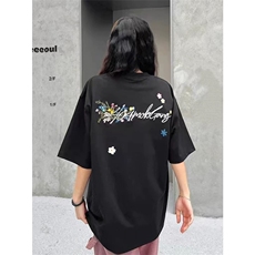 网图有货美式夏季手写花卉刺绣短袖T恤男女宽松情侣上衣A466-P30，男装T恤，星座1505