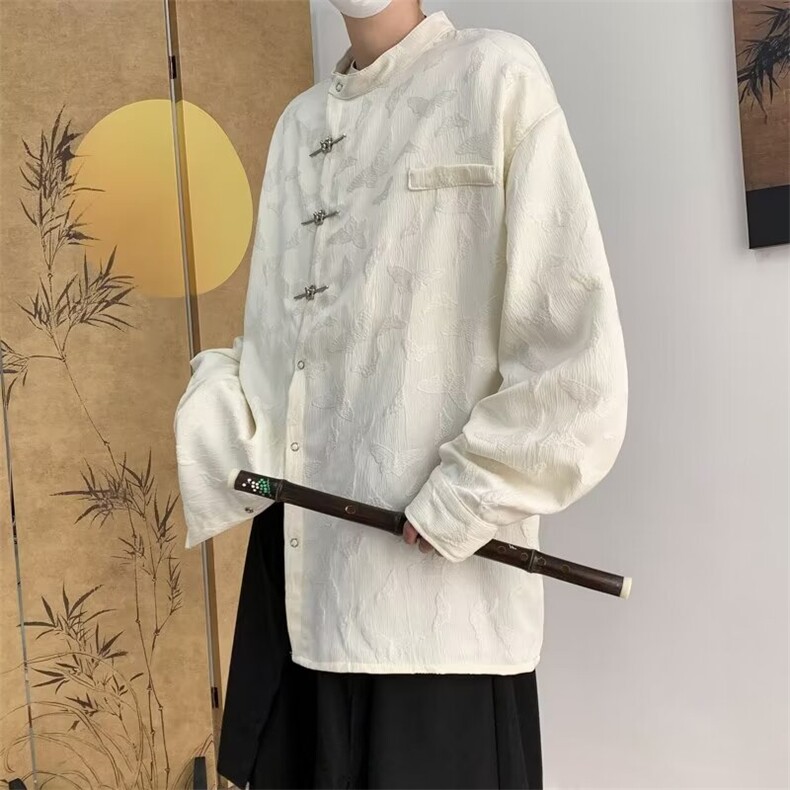 新中式男装风盘扣唐装衬衫男长袖春秋小众高级轻奢C159,男装衬衫,星座1116A-1（原606A）
