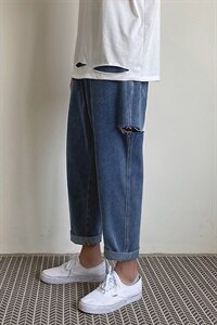 浅色牛仔裤子男士韩版潮流宽松阔腿直筒裤夏季破洞九分裤图片
