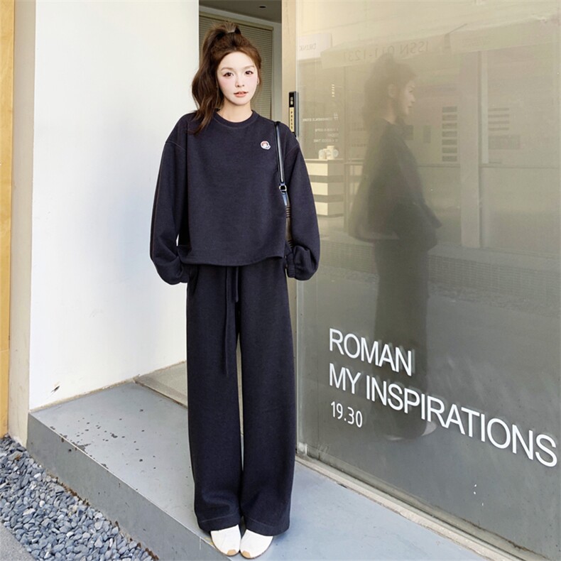 黑色休闲运动卫衣套装女2025秋季新款韩版慵懒风宽松阔腿裤两件套,女装套装/套裙,2C158