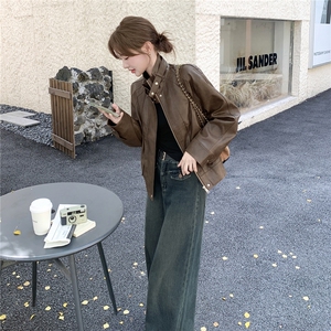 美拉德咖色复古皮衣外套女2025秋季美式设计感宽松机车服淡人夹克图片