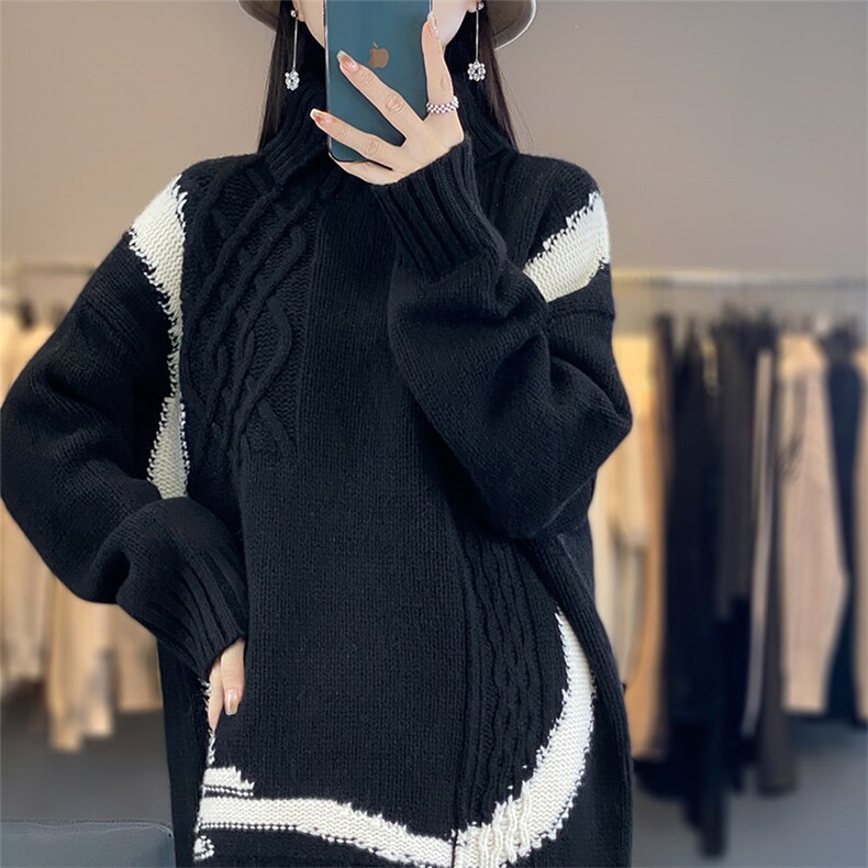 100%纯羊绒衫女高领撞色复古提花套头毛衣宽松慵懒羊毛针织打底衫,女装羊毛衫,琳华羊绒