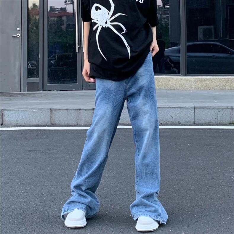 美式复古子母刺绣裤脚排扣牛仔裤男女vibe高街夏季直筒BK76-P68图片