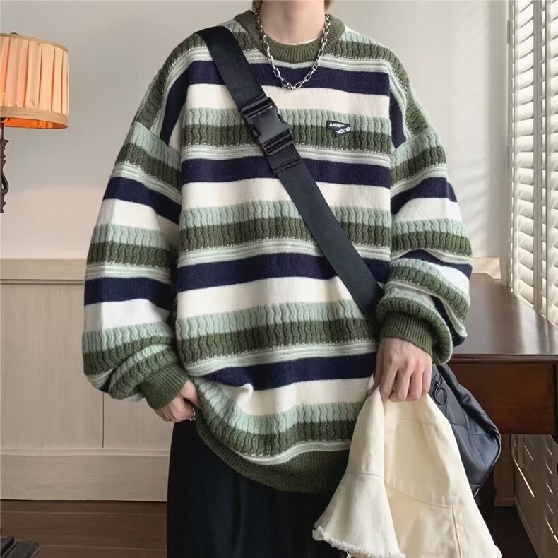 722-P43条纹圆领毛衣男秋冬设计感慵懒韩式套头针织衫宽松,男装针织衫/毛衣,电商B323A