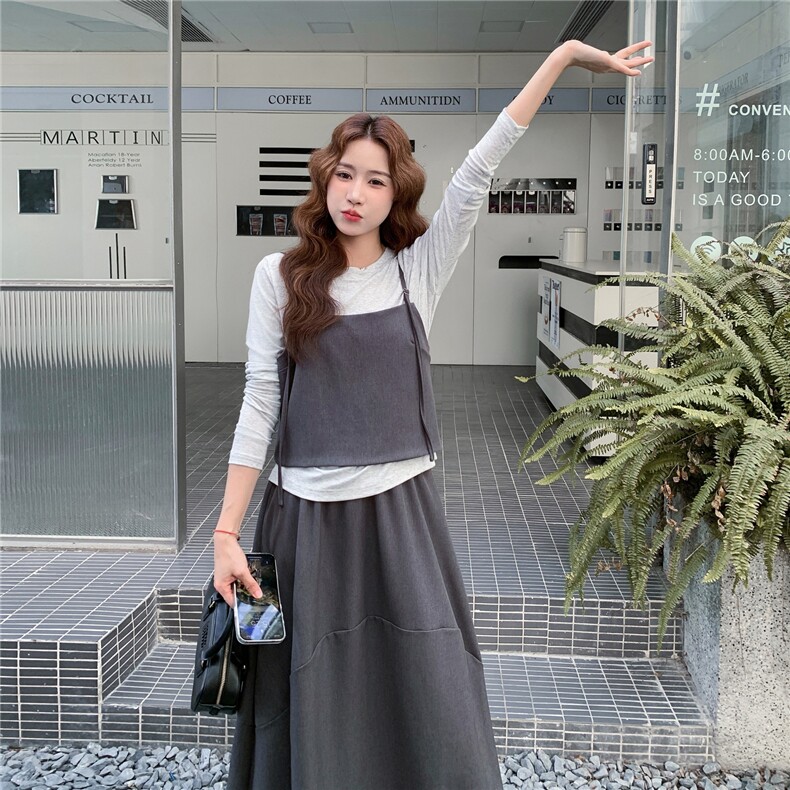 灰色日系温柔学院风套装女2025秋季简约百搭吊带T恤半身裙三件套,女装套装/套裙,2C239