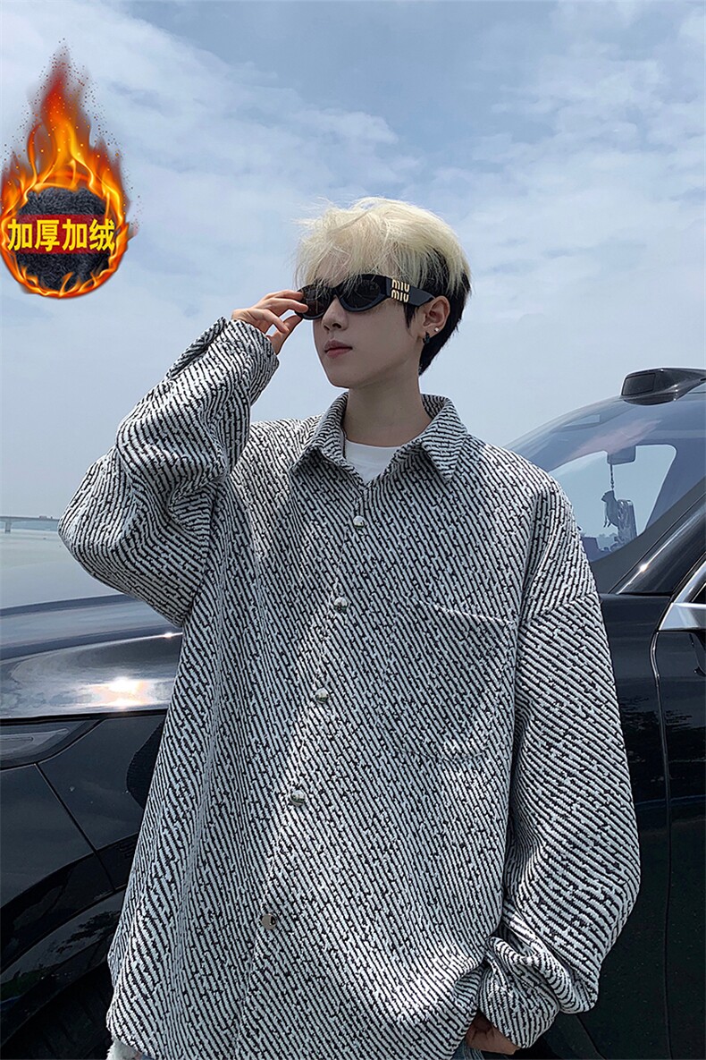 加绒衬衫男冬季新款港风宽松大码加厚小香风长袖衬衣JR70-P49,男装衬衫,星座214-3
