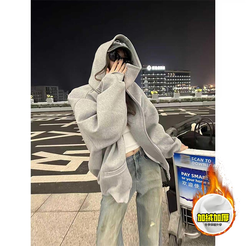 480G重磅加绒硬挺boxy男女秋冬美式高街防风高领卫衣开衫厚外套，女装短外套，电商A486-1