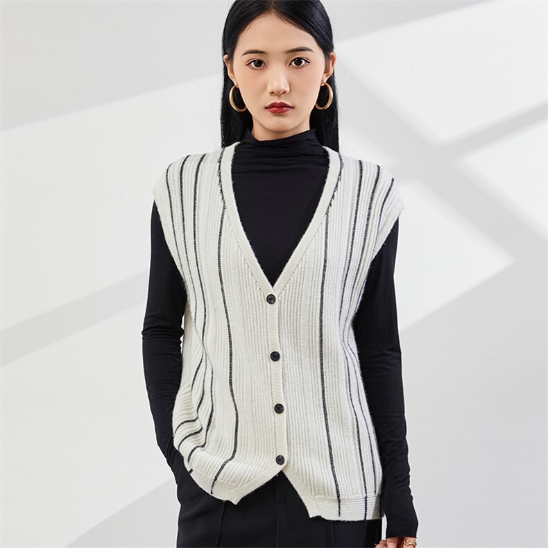 时尚百搭V领条纹羊绒马甲 优雅气质休闲风女装背心图片