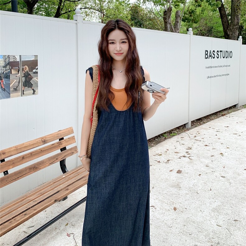 2025夏款韩版休闲极简时尚宽松遮肉无袖背心连衣裙女假两件长裙潮,女装连衣裙,2C323