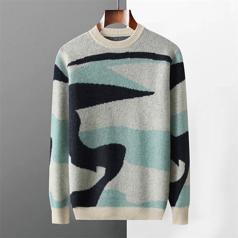 男士秋冬季新款休闲时尚七针拼色圆领羊毛衫，男装羊毛衫，江杉羊绒