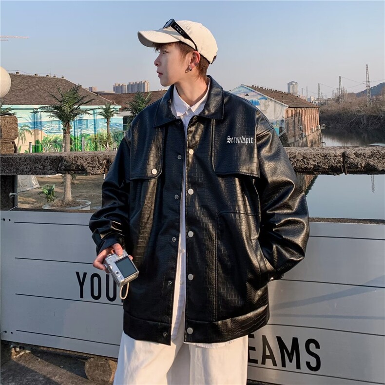 潮牌美式复古休闲潮流简约翻领宽松型春秋季皮衣单排扣男PY896,男装皮衣,星座1116A-1（原606A）