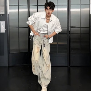 【现货】DX325-特批52蓝色水洗破洞牛仔裤男女直筒宽松阔腿裤图片