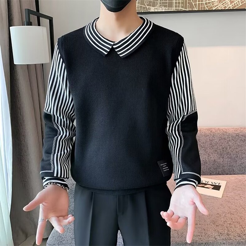 假两件毛衣男士内搭针织衫秋冬季拼接男装撞色翻领线衣上衣M847,男装针织衫/毛衣,星座1116A-2（原606A-1）