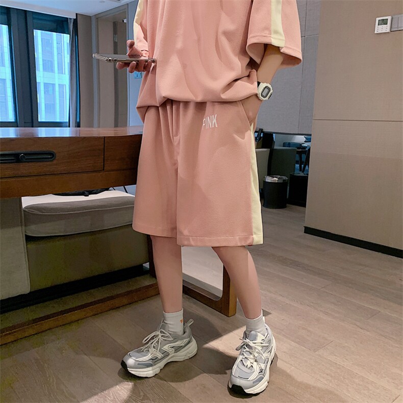 2026夏装华夫格拼接绣花休闲运动套装五分短裤TZ808/P65粉红,男装休闲套装,电商A094