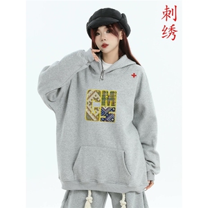 美式复古刺绣连帽卫衣男女春秋季潮牌宽松套头上衣WY7112P48-52,百穿不厌卫衣搭配图片